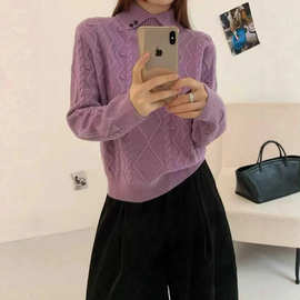 琪镌绘制甜美风羊毛毛衣女冬季新款翻领软糯宽松慵懒风上衣86112