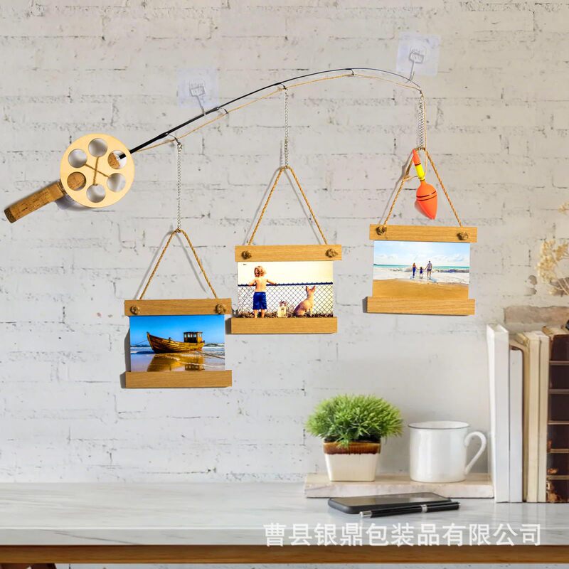 Wooden Fishing Rod Photo Frame Home Wall Decor Hanging Photo Postcard Commemorative Picture Frame Rustic Picture Frame