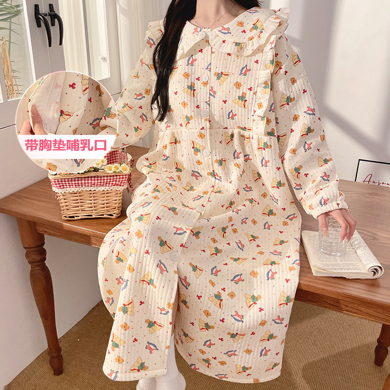 New Sitting Suit Air Cotton Pregnant Women with Chest Pad Autumn and Winter Breastfeeding Nightgown Waiting Room Production Skirt suit