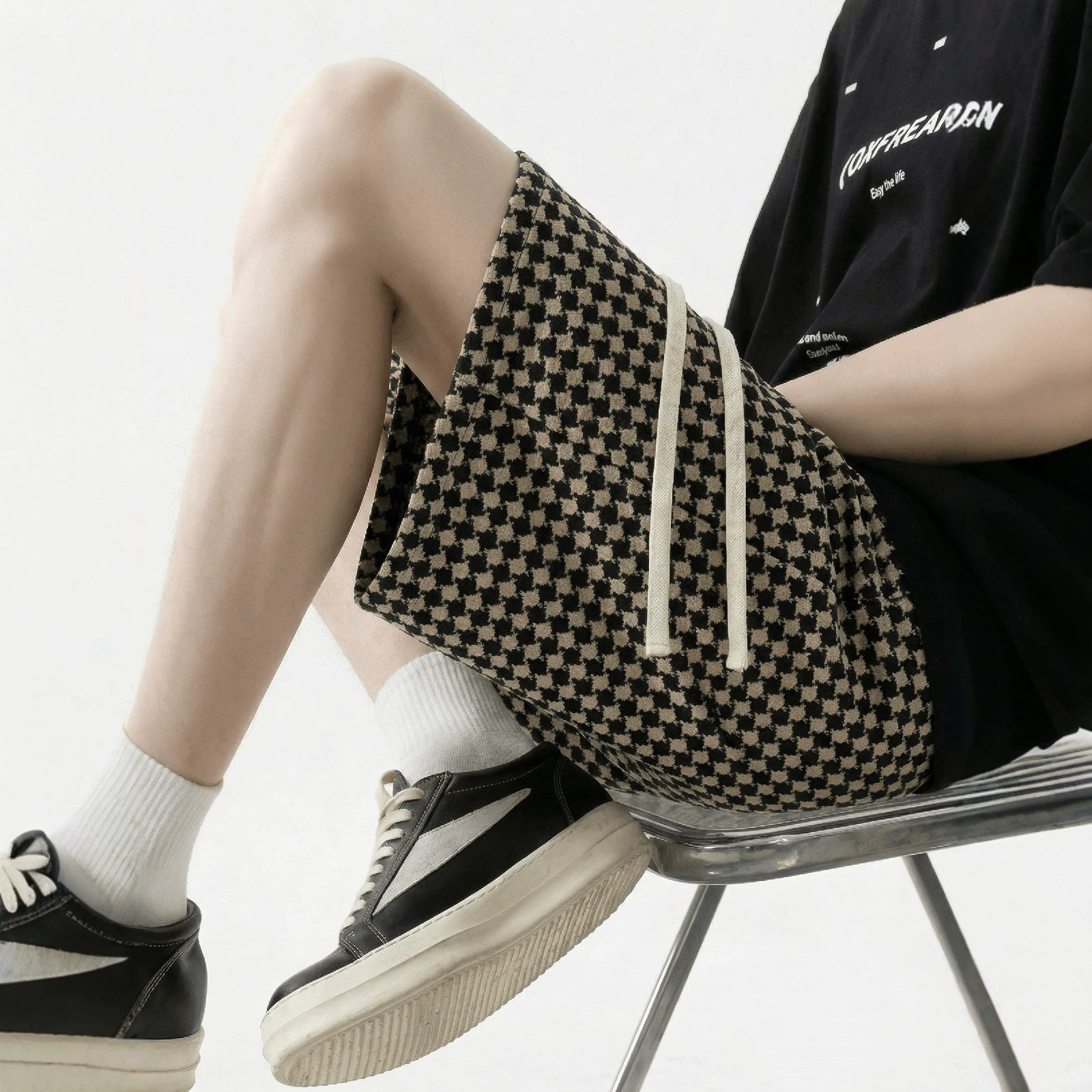 Men's Houndstooth Print Shorts Summer Thin Style Casual High Street Retro Loose Straight Leg Five Pocket Pants_viptrois.com