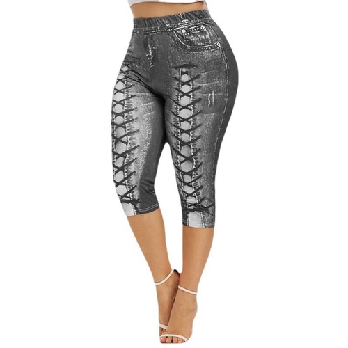 Printed Summer High-Waisted Denim-Like Leggings for Fitness and Yoga, 7/8 Length, XY750