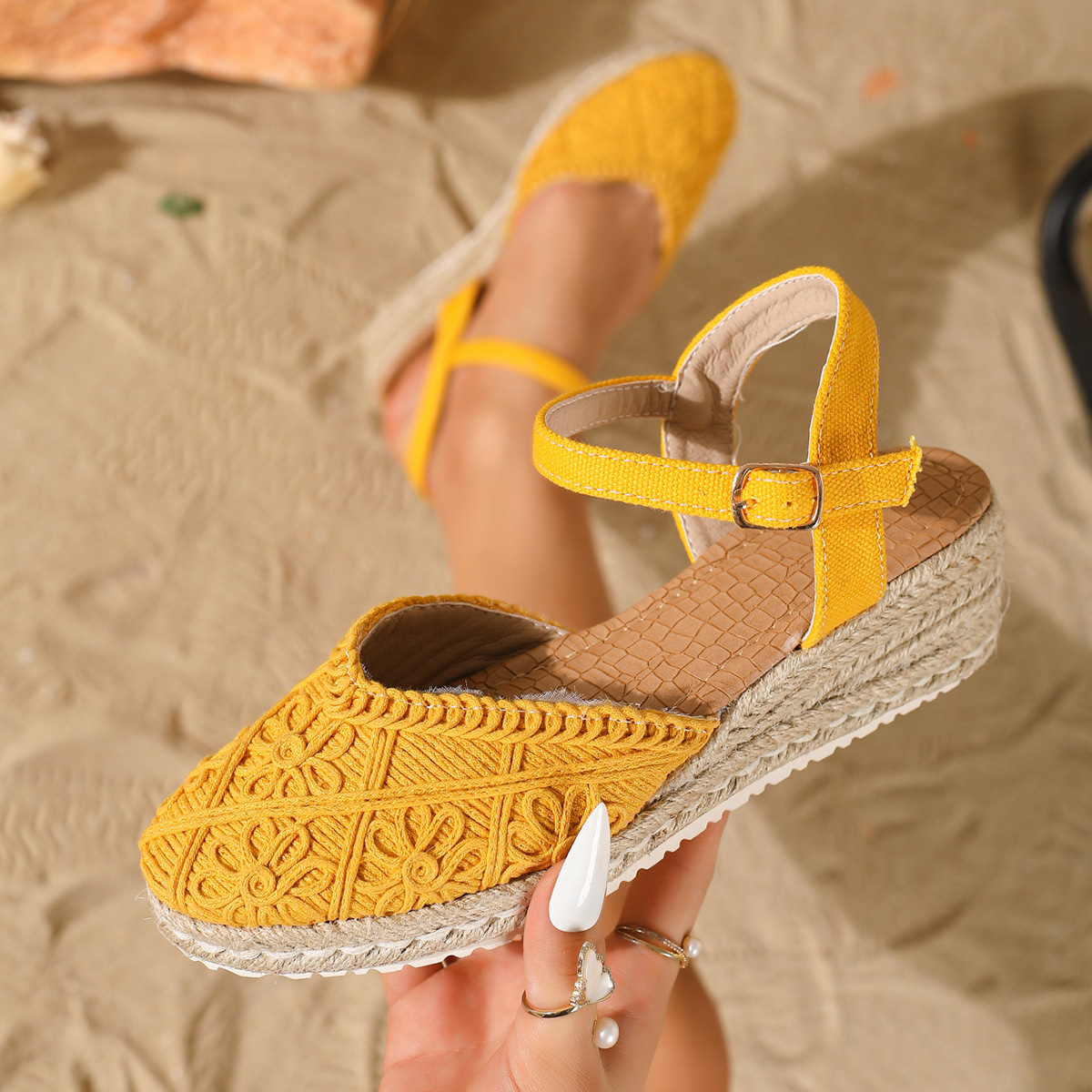Sandalias de Cuña con Suela de Cáñamo en Lino con Cierre de Hebilla image 13