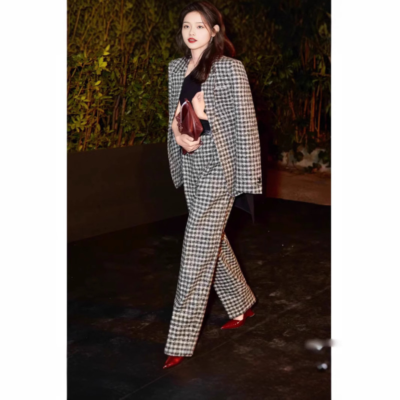 Star Same Style Retro Black and White Plaid Suit Jacket Women's Autumn Fashion suit Socialite Professional High Sense Two-piece Set