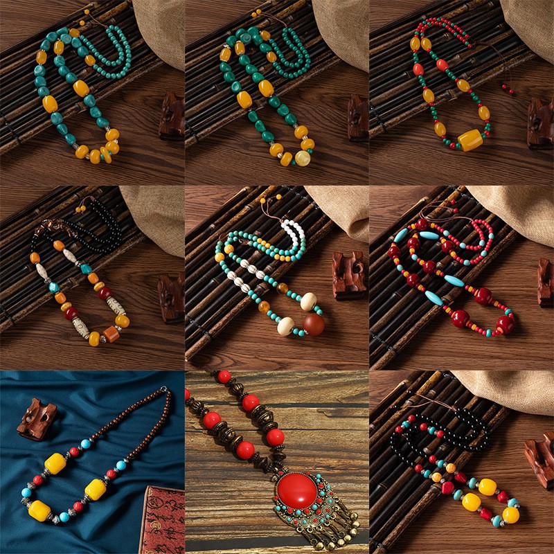 Personalized Retro Xizang Ethnic Style Necklace Men's and Women's Sweater Chain Accessories Beeswax Pendant Xizang Style Jewelry
