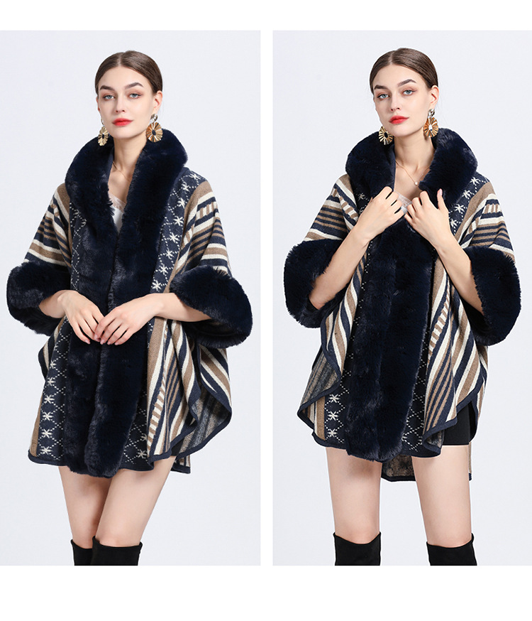 Mantella collo pelliccia grande taglia jacquard cardigan maglione cappotto donna_voghion.com