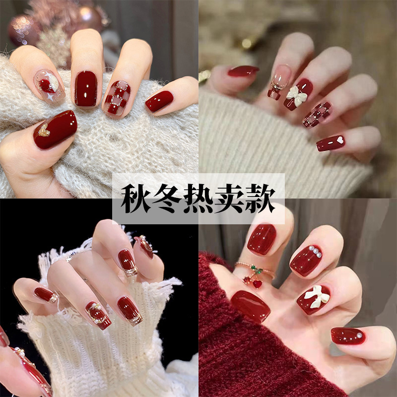 Autumn and Winter New Year's Wearable Manicure Sweet Wine Red Pearl Butterfly Seal Wearable Manicure Medium and Short Patch Finished Product