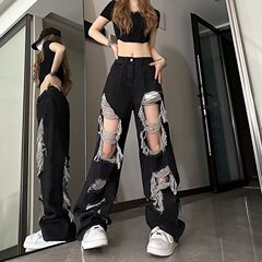 大码黑色水洗破洞牛仔裤女夏季高腰乞丐裤宽松直筒阔腿拖地裤子潮
