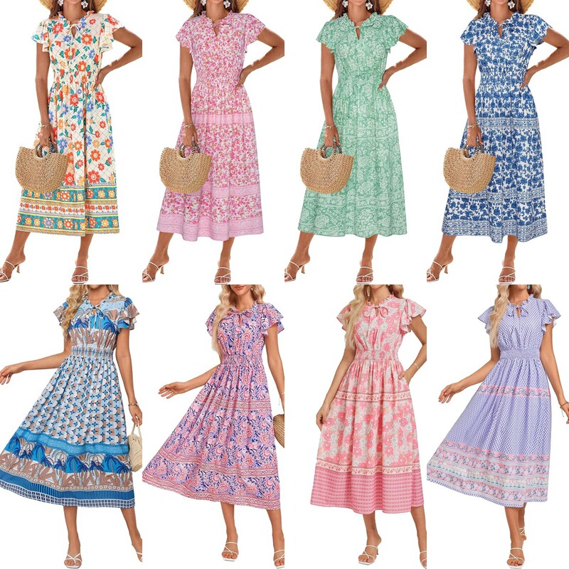 Women's Floral Bohemian dress Hawaiian dress Short Sleeve V-Neck Summer Beach Long Vic Dress