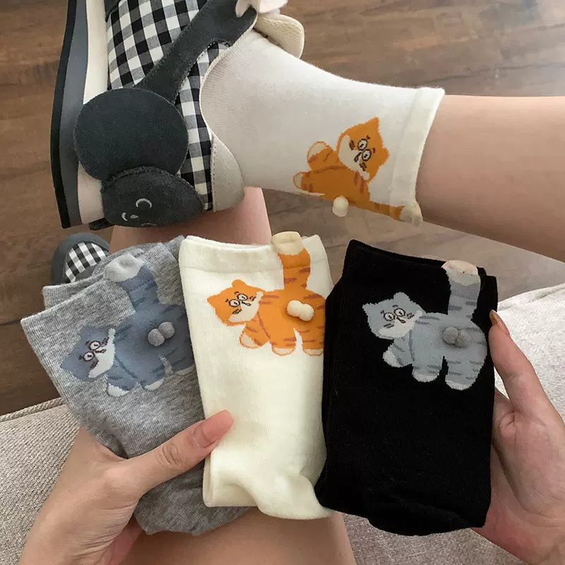 袜子女秋冬新款卡通猫蛋蛋中筒袜ins潮棉袜可爱动物小猫咪无骨袜