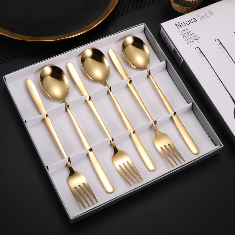 304 cuchara de acero inoxidable cuchara de postre coreano tenedor café mango largo cuchara mezcladora vajilla de acero inoxidable caja de regalo de 6 piezas