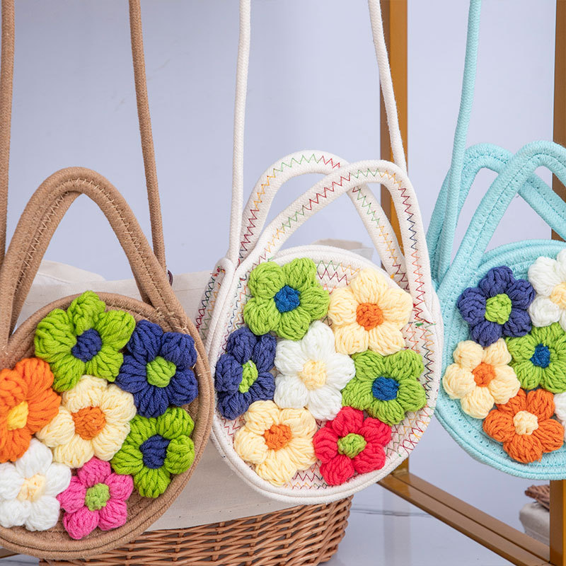 Cordón de algodón tejido bolso de mano mujer primavera y verano nuevo color sólido pequeño fresco bolso de vacaciones bolso de mano flores