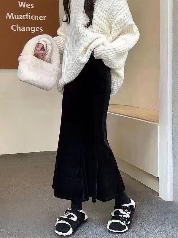 高腰丝绒鱼尾裙女2025秋冬季新款时尚气质显瘦中长款包臀半身裙子|undefined