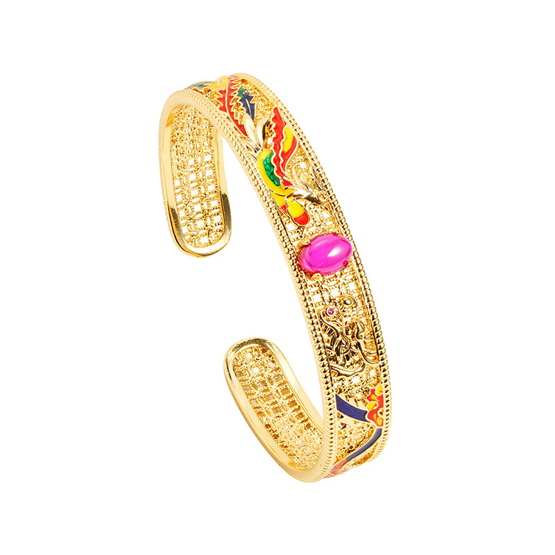 Nueva pulsera de 18k de galvanoplastia de oro de arena antigua china, dragón hueco y fénix, pulsera abierta, joyería transfronteriza de estilo chino de todo fósforo