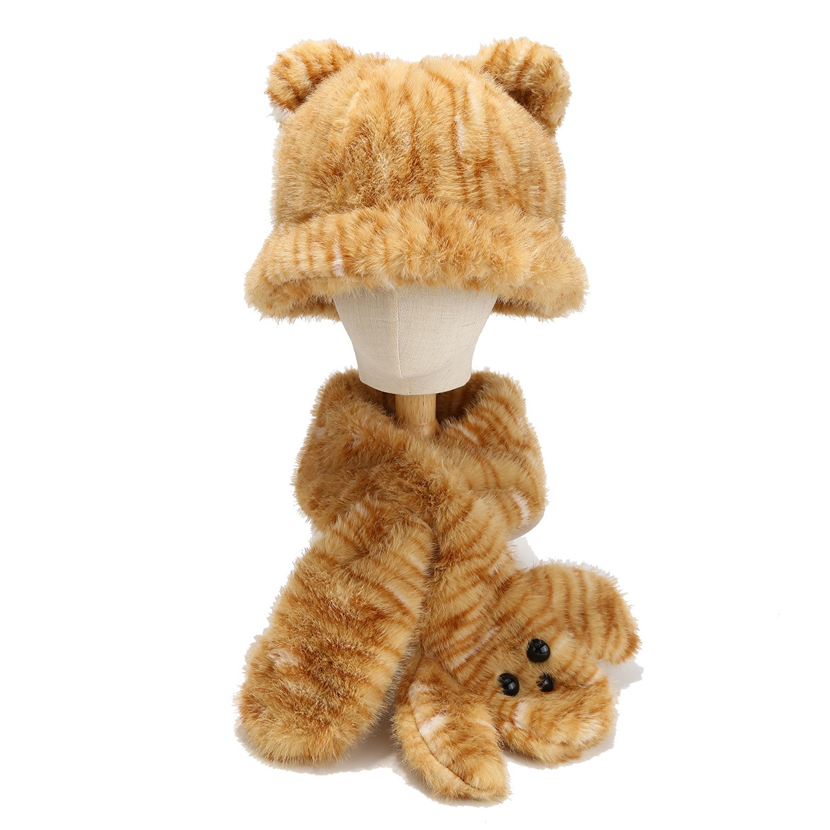 Coreano lindo oso orejas de peluche sombrero bufandas de dos piezas de invierno caliente a prueba de frío leopardo conjunto de buñuelo cruzado