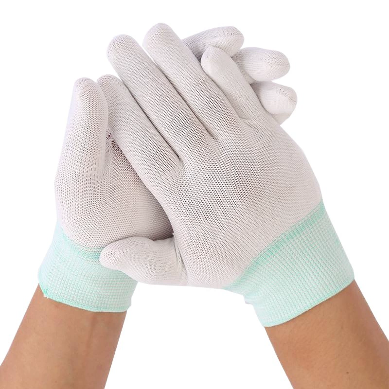 Нейлоновые перчатки с покрытием из резинизированного полиуретана на пальцах, белое покрытие на пальцах, антистатические, легкая защита.