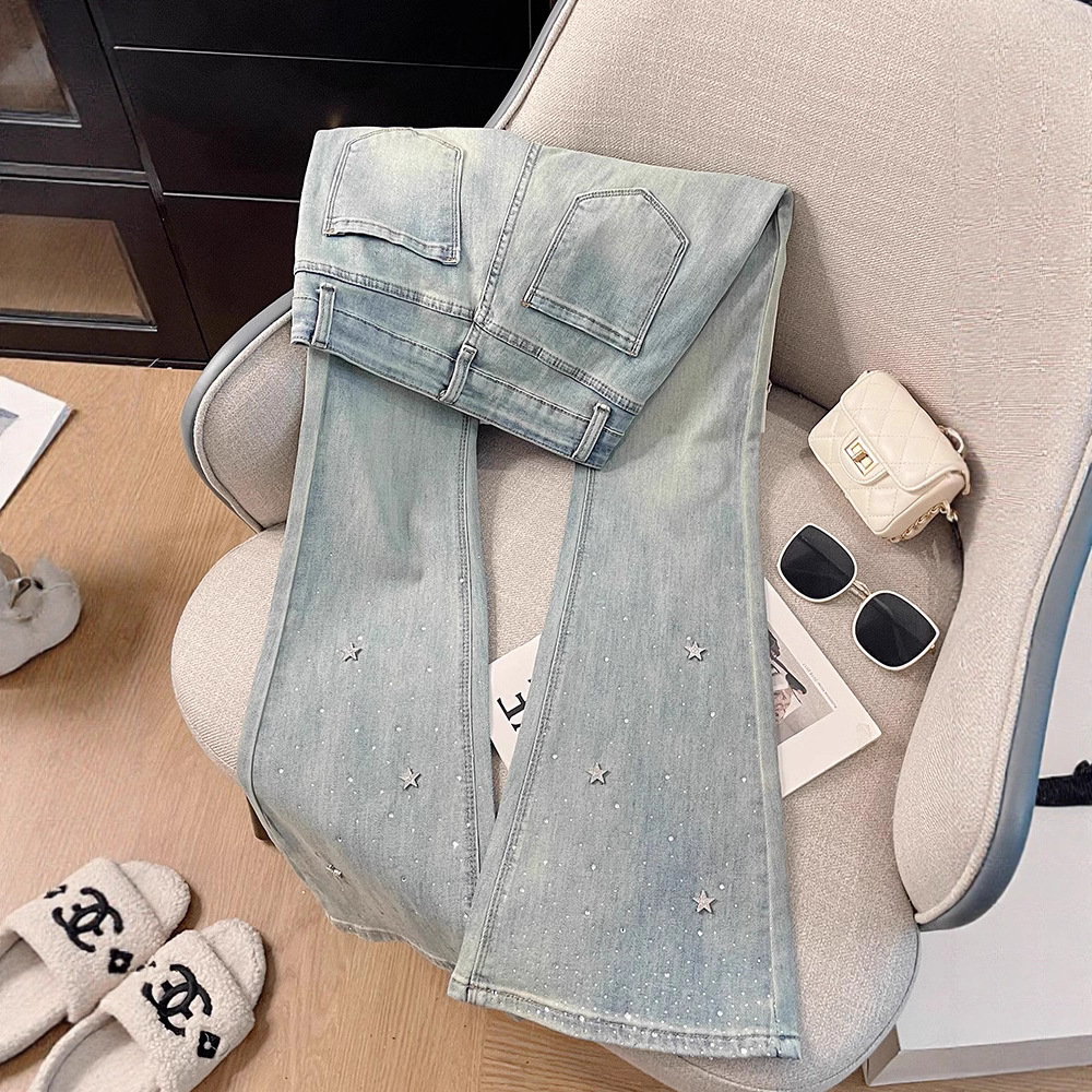 Heavy-Duty Star Hot-Drilled Shiny Light Blue Jeans for Women, Spring and Autumn High-Waisted Slim-Fit Stretchy Flared Pants