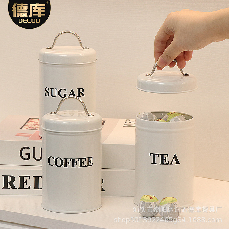 Industrial viento hierro arte metal europeo y americano juego de tres piezas café té caramelo tanque redondo de almacenamiento sellado a prueba de humedad