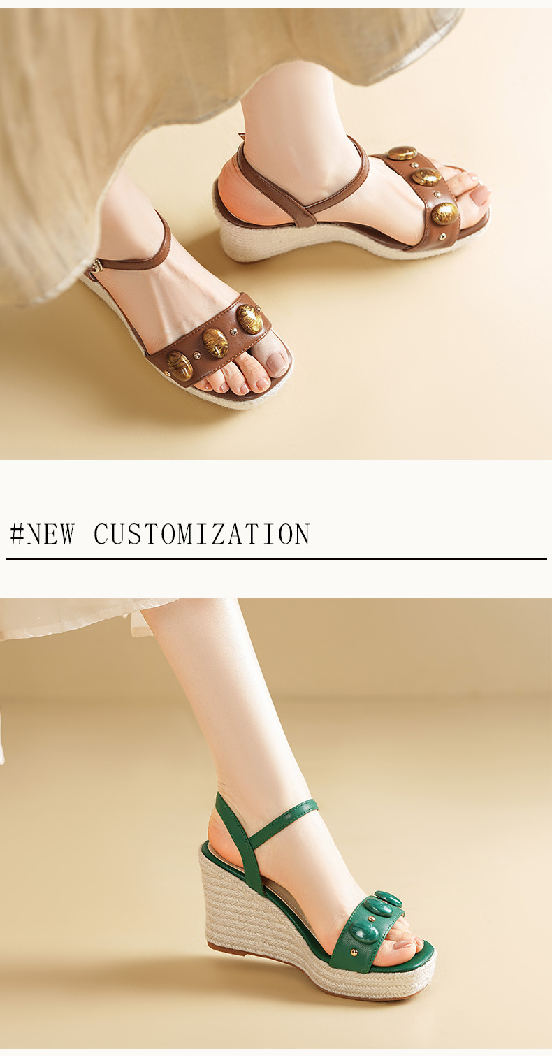Sandal nữ đế xuồng cao gót phong cách Bohemian quai ngang đinh tán — màu nâu, xanh lá cây chi tiết 3