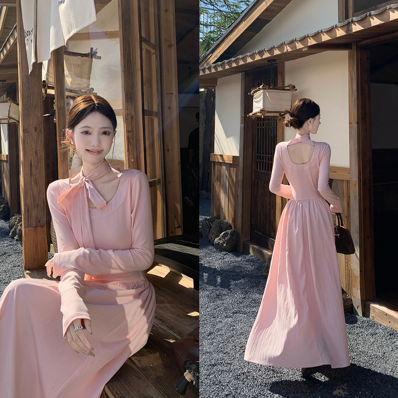 实拍 奶霜桃桃韩系大圆领温柔粉色长袖连衣裙女秋季气质漂亮长裙|undefined