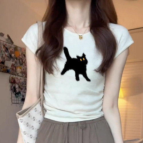 Women's Summer New Design Sensory Minority Pleated Fitted Short Sleeve T-Shirt Sweet and Spicy Short Top