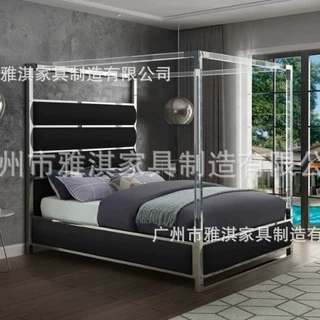 定制亚克力床 ins架子床轻奢不锈钢双人床大床新娘床透明网红床现
