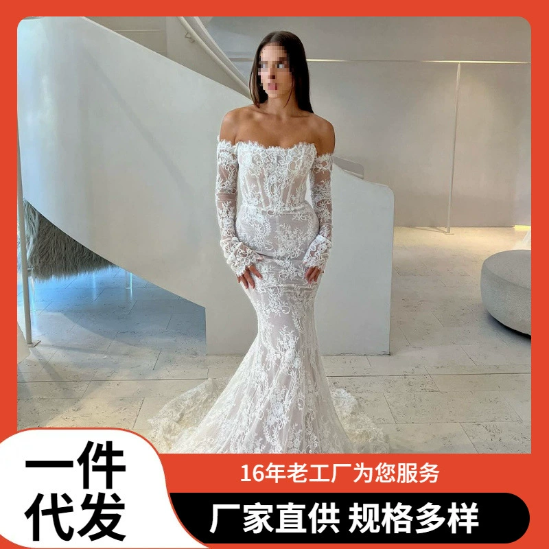 AliExpress кружевное свадебное платье с длинными рукавами и открытыми плечами, тяжелая аппликация, облегающее свадебное платье со шлейфом для женщин.