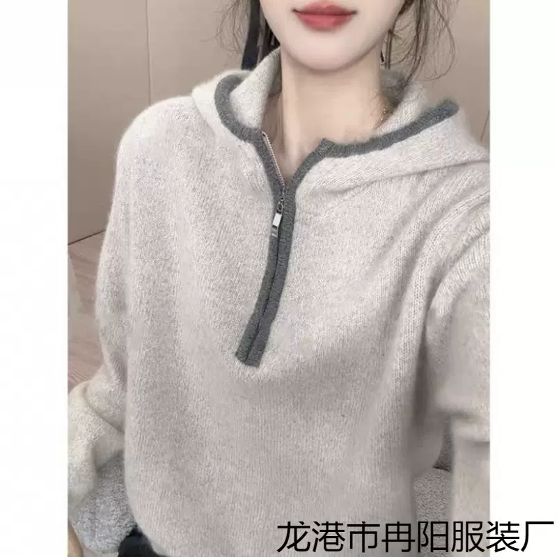 拉链慵懒2024针织毛衣新款秋冬套头连帽设计感时尚显瘦宽松上衣女