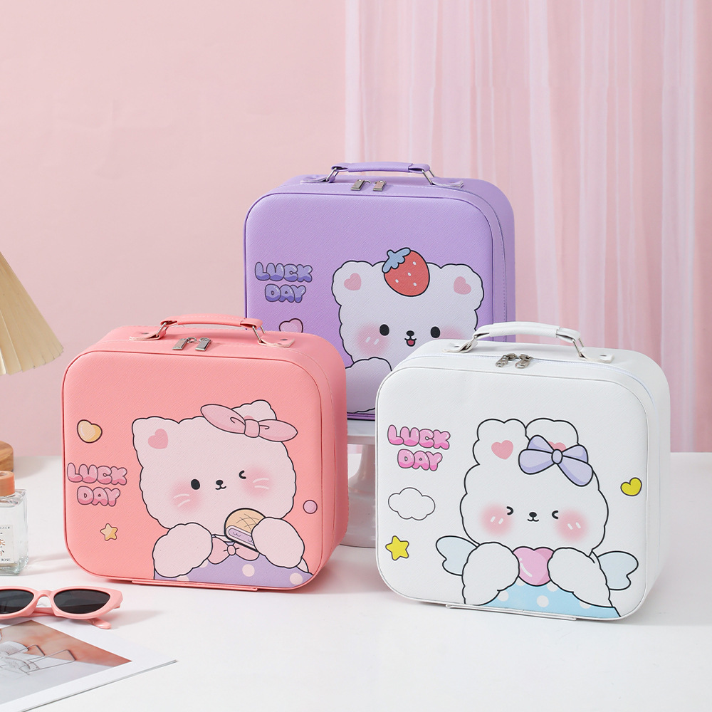 Nueva caja de maquillaje de dibujos animados con lámpara LED con partición maleta multifuncional portátil de gran capacidad de alto valor de maquillaje