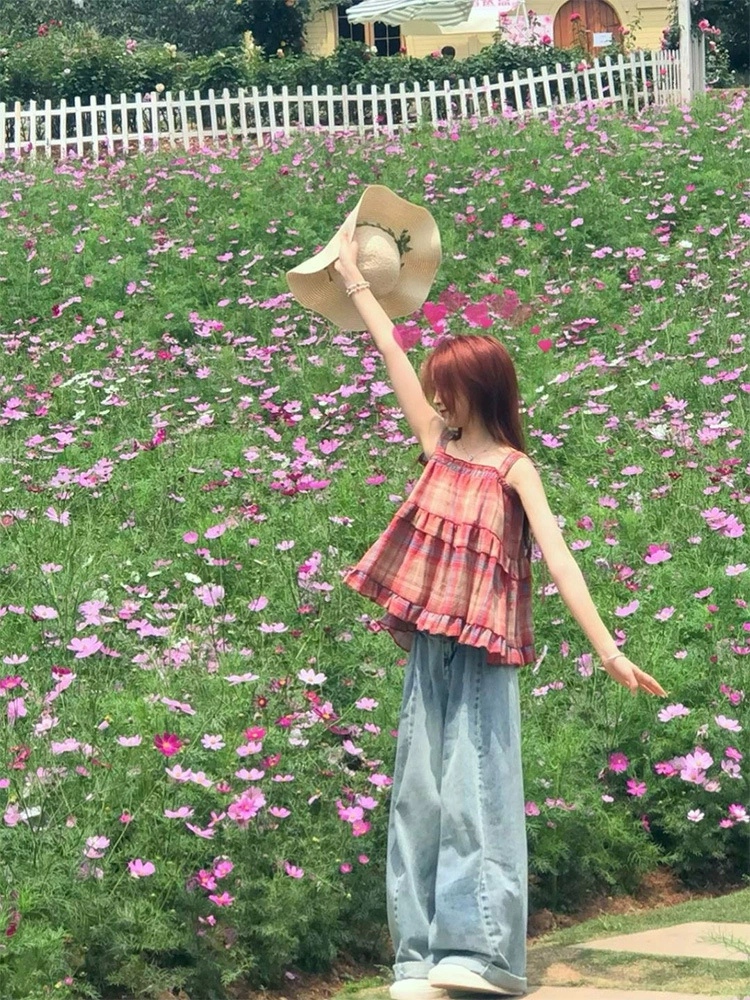 Женский топ-камзолка в стиле французского шика, сладкий и пряный, лето 2025, новинка, шикарный короткий клетчатый топ для миниатюрных женщин.