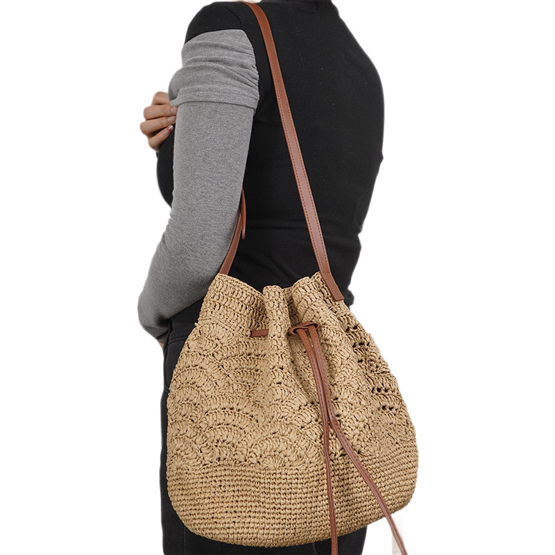 2026 New Arrival Women's Woven Shoulder Bag - Summer Beach Vacation Vintage Large Capacity Hollow Out Bucket Straw Bag - Thumbnail 5