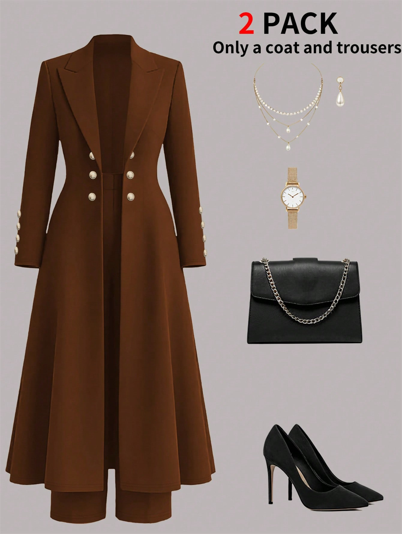 Plus Size Elegant Retro Style Suit Coat Casual Straight Leg Trousers Waist Cinching Long Coat Set_ecoleips.com