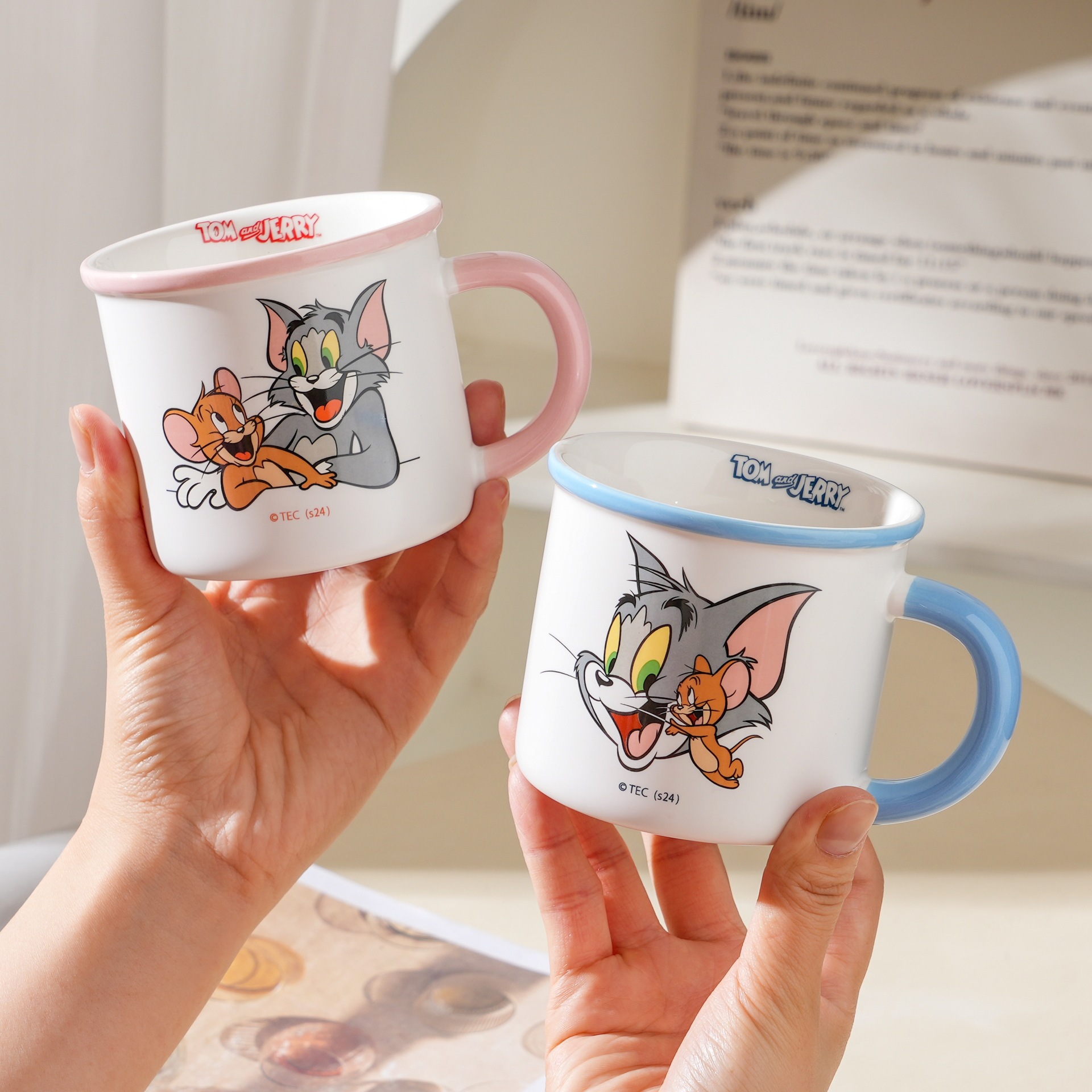 Taza de cerámica de marca compartida de gato y ratón, patrón de dibujos animados, recuerdo, taza de bebida de oficina linda, taza de esmalte de imitación para el hogar