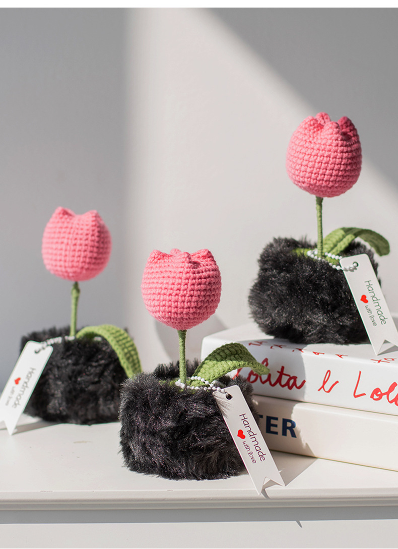 Handcrafted artificial flower ornaments, tulip crocheted potted plants, knitted woolen flowers, as bouquet gifts for elders and friends pic 10