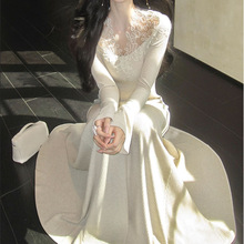 【不知雪】温柔氛围感蕾丝v领针织连衣裙收腰显瘦a摆长裙