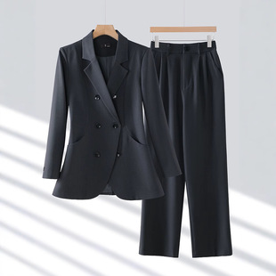 High-end 24 years spring and autumn and winter new professional gray long sleeve small suit collar coat women's pants two-piece suit