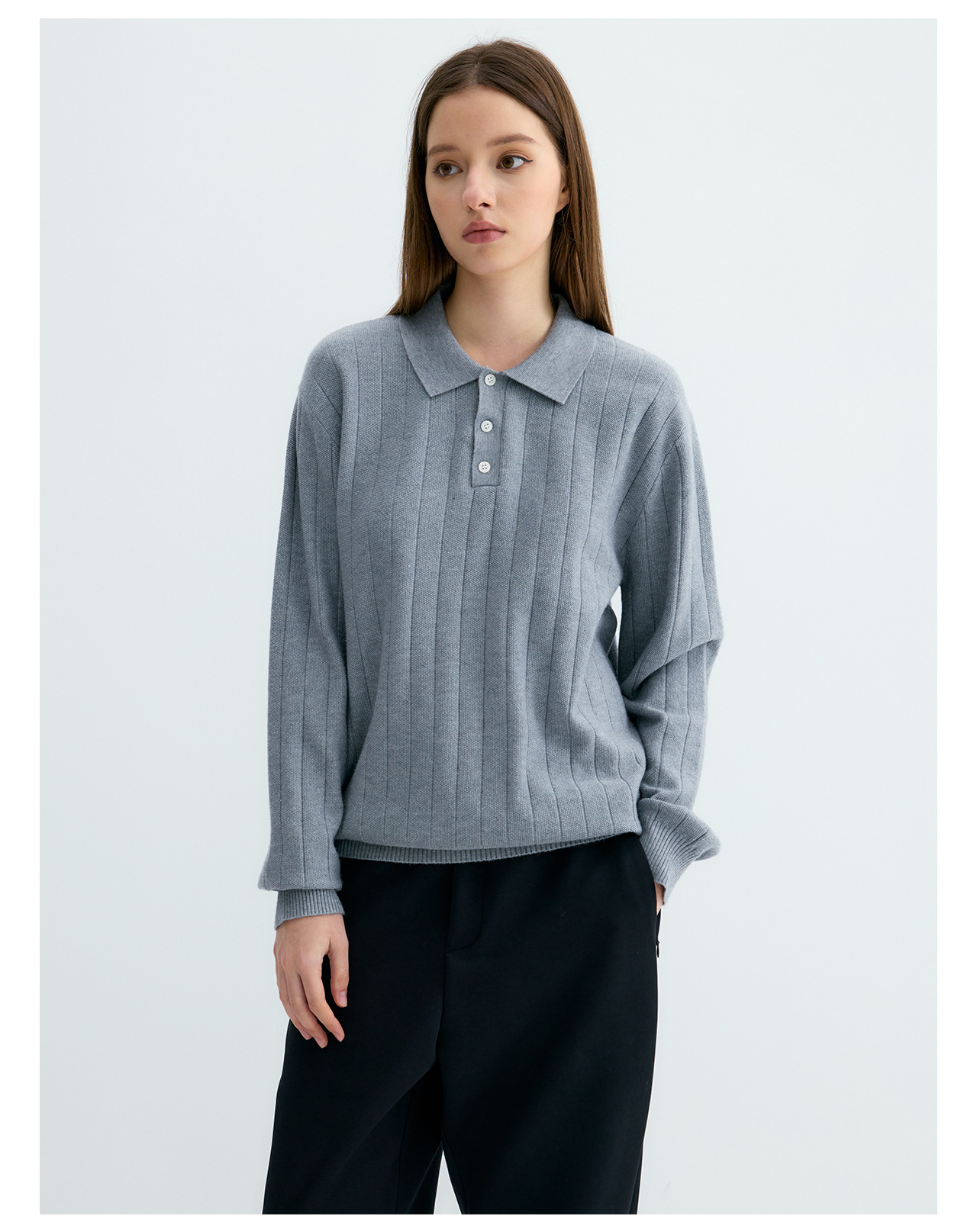 UNF 250g Ribbed Knit Polo Sweater
