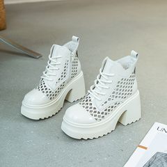 涼靴女粗跟厚底10厘米增高真皮女短靴英倫風鏤空休閒潮靴子