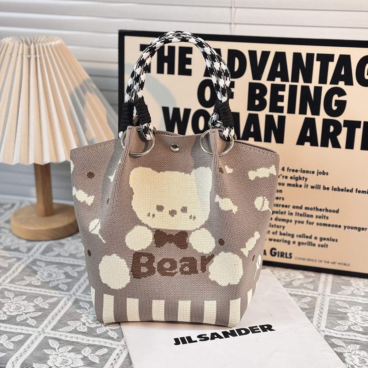 ニットハンドバッグ、ニッチデザインバケットバッグ、トートバッグ、ハンドバッグ、カジュアルで多用途なショルダーバッグ、ニットポータブルバッグ