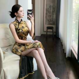 实拍新中式性感无袖旗袍丝绒印花斜领百搭显瘦包臀裙连衣裙子其他