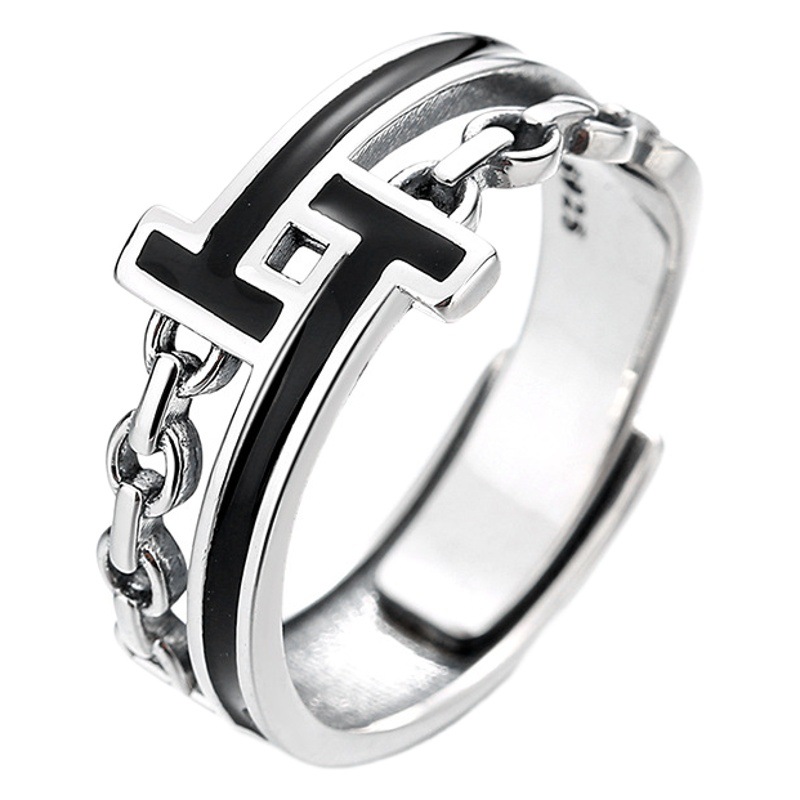 Yun Chao Xuan S925 Sterling Silver Jewelry Vintage Chain Dropping Glue T Letter Ring Cross-border Trend All-match Open Ring