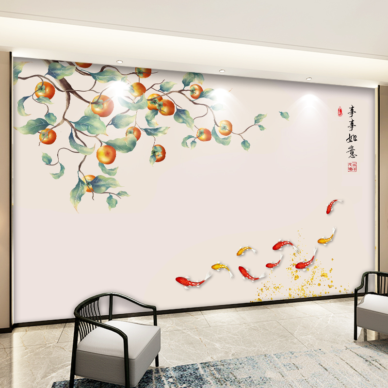 3d立体事事如意壁纸电视背景墙壁画新款九鱼图客厅沙发画装饰墙布