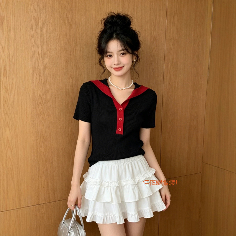 V-Neck Color-Blocked Knit Women's Top 26 Summer New Style Super Youthful Slimming Waist-Cinching Stylish Lightweight Commuter Top V-Neck Color-Blocked Knit Women's Top 26 Summer New Style Super Youthful Slimming Waist-Cinching Stylish Lightweight Commuter Top