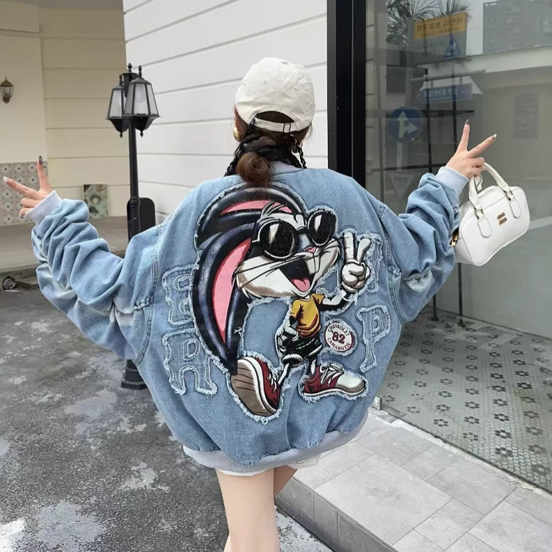 European 2025 Spring Loose Mid-length Large Color-matching Embroidered Baseball Suit Jacket Denim Coat Women's Fashion Brand European 2025 Spring Loose Mid-length Large Color-matching Embroidered Baseball Suit Jacket Denim Coat Women's Fashion Brand