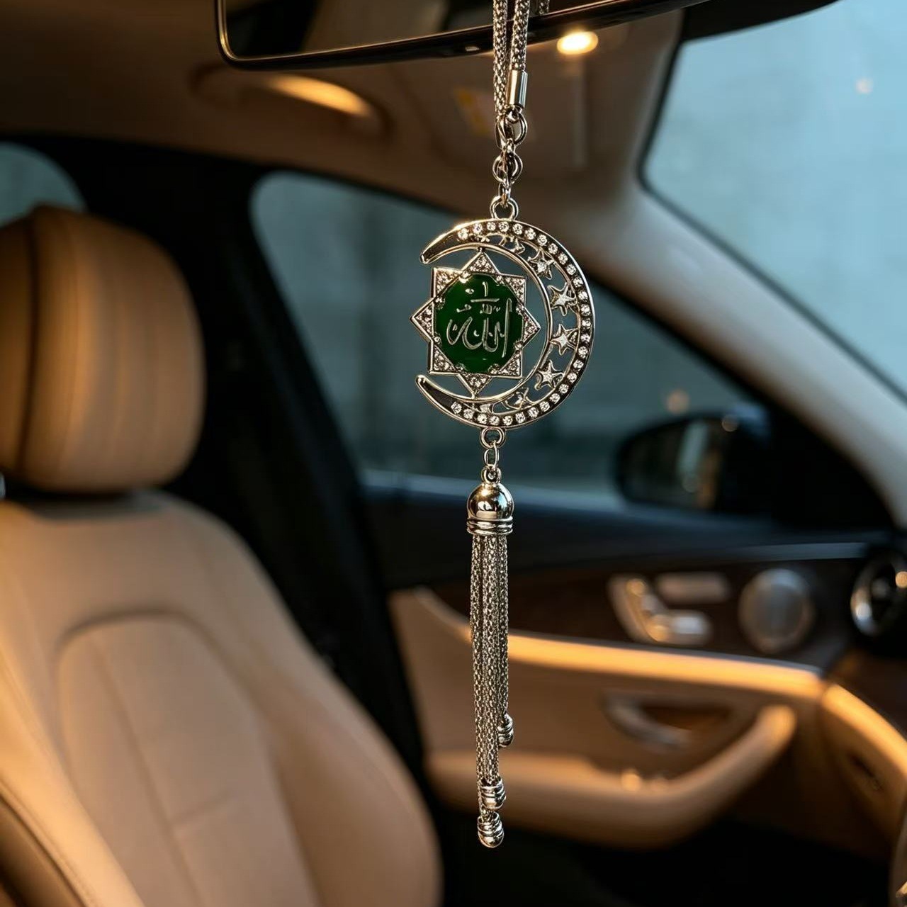 Golden Star and Moon Enamel Car Pendant, 3D Scripture Car Hanging Ornament, Diamond-Encrusted Rearview Mirror Tassel Decoration, Cross-Border Wholesale