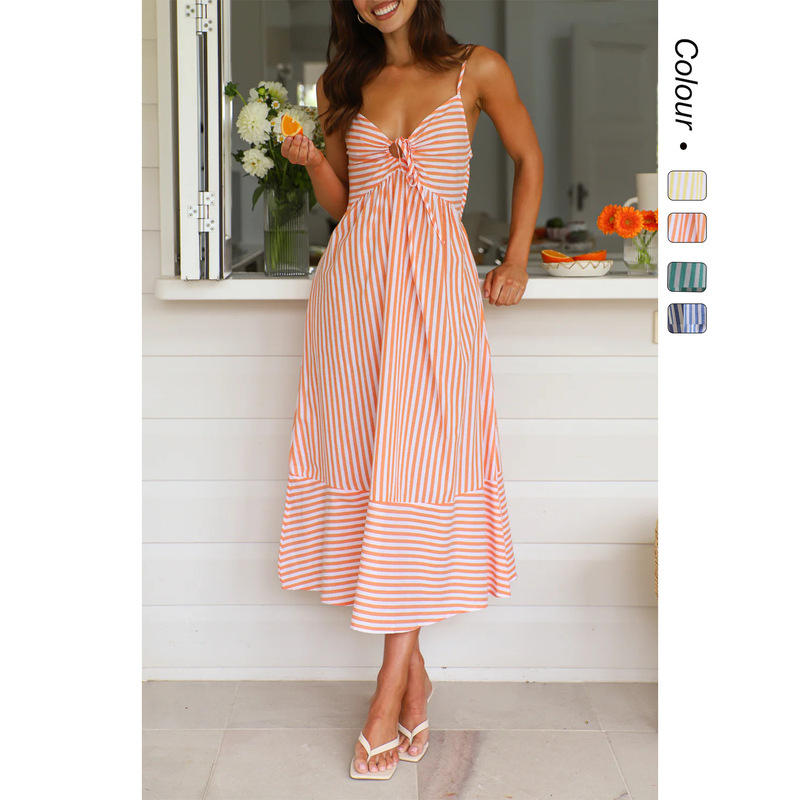 in stock 2025 Summer Europe and America Foreign Trade Amazon Cross-border Women's V-Neck Striped Sling dress -68555