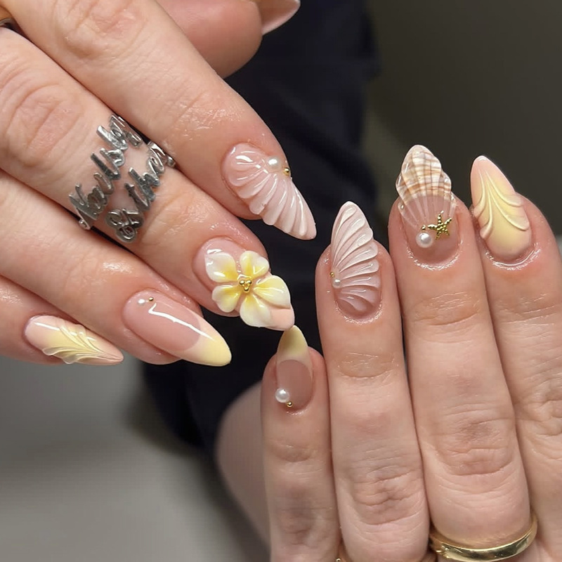 Medium Almond-Shaped Yellow French-Style Nails with 3D Resin Flowers, Pearls, and Starfish, Detachable False Nails Medium Almond-Shaped Yellow French-Style Nails with 3D Resin Flowers, Pearls, and Starfish, Detachable False Nails