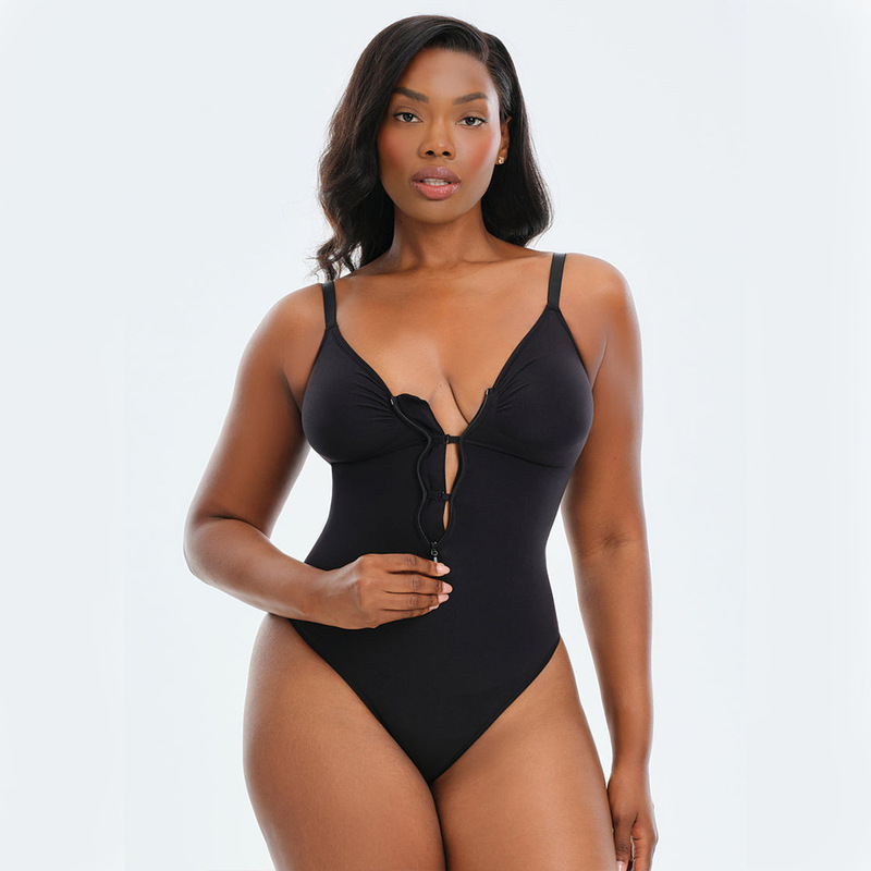 Plus-size seamless shapewear bodysuit for women, Spanx front zipper, tummy control, waist cinching, butt-lifting, W-shaped push-up thong bottom