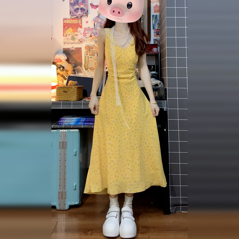 Yellow Seaside Vacation Strap dress Children's Summer 2025 New Arrival French Style Elegant Floral Long Dress