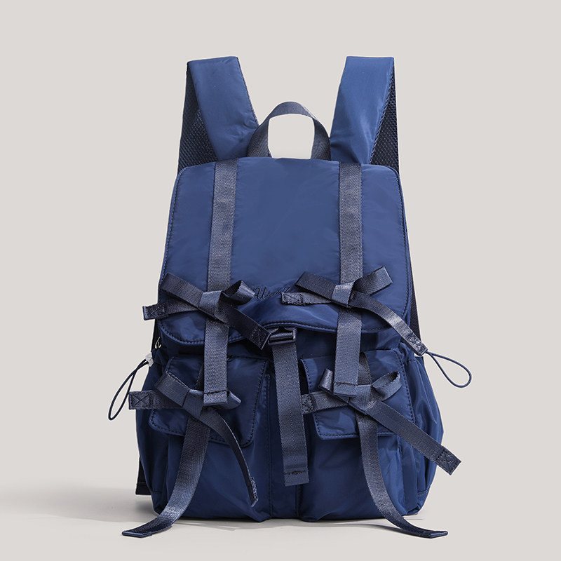 Super Beautiful Deep Blue Ribbon Japanese-Style Bow Backpack, Waterproof, Wear-Resistant, Good Quality, Can Hold a Laptop, Travel Backpack