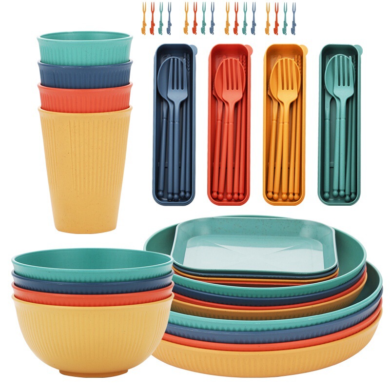 TEMU Cross-border Soup Bowl Plate Cup Set Picnic Home Camping Portable Knife and Fork Chopsticks Tableware Gift Tableware suit